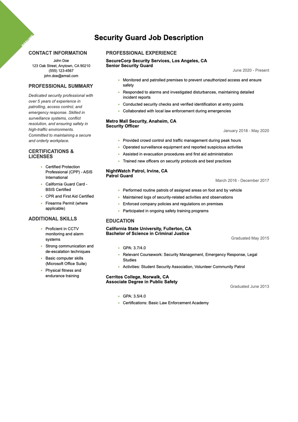 Security guard resume sample with professional experience education and certifications_variant_2